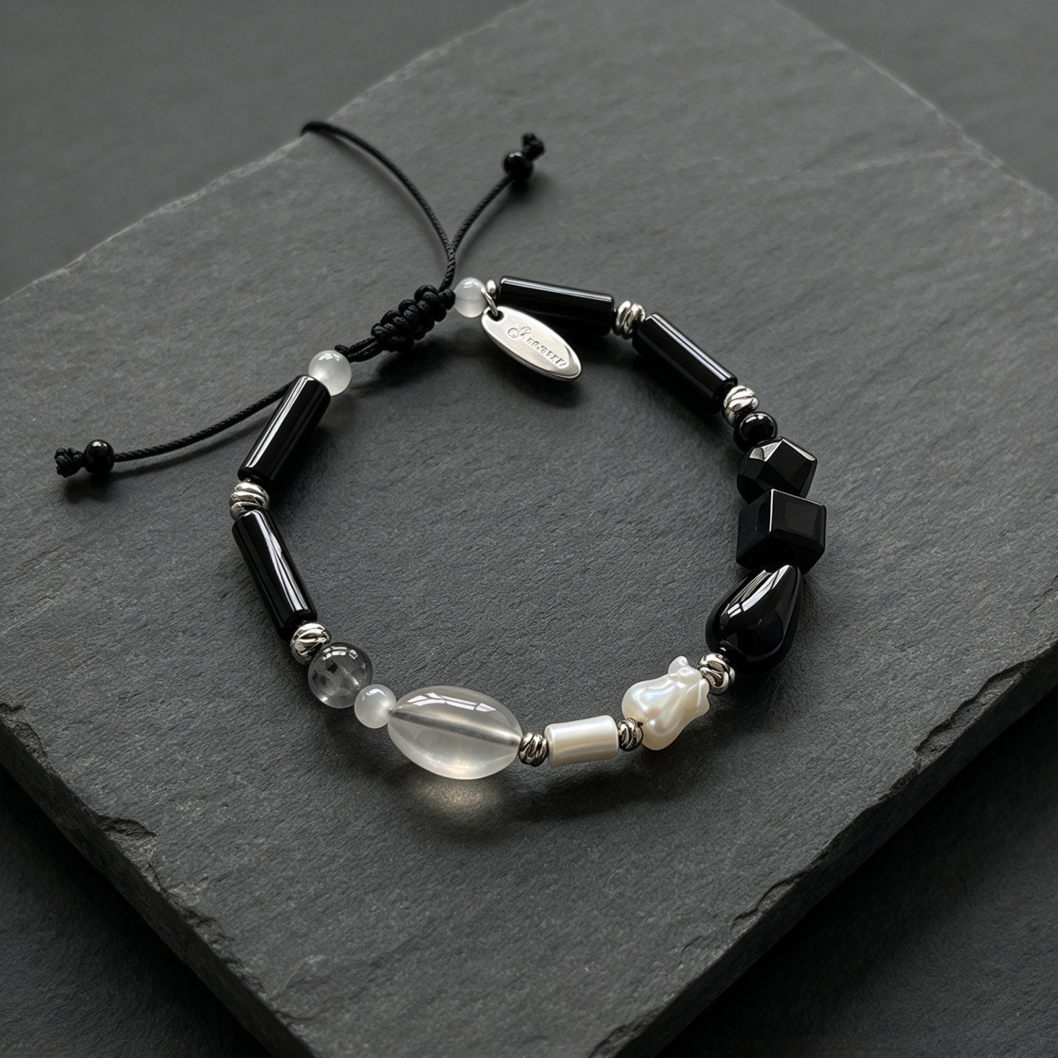 3a91810c228de99221b071c10c50b6bf Obsidian & Banded Agate Contrast Handcrafted Bracelet - Image 1