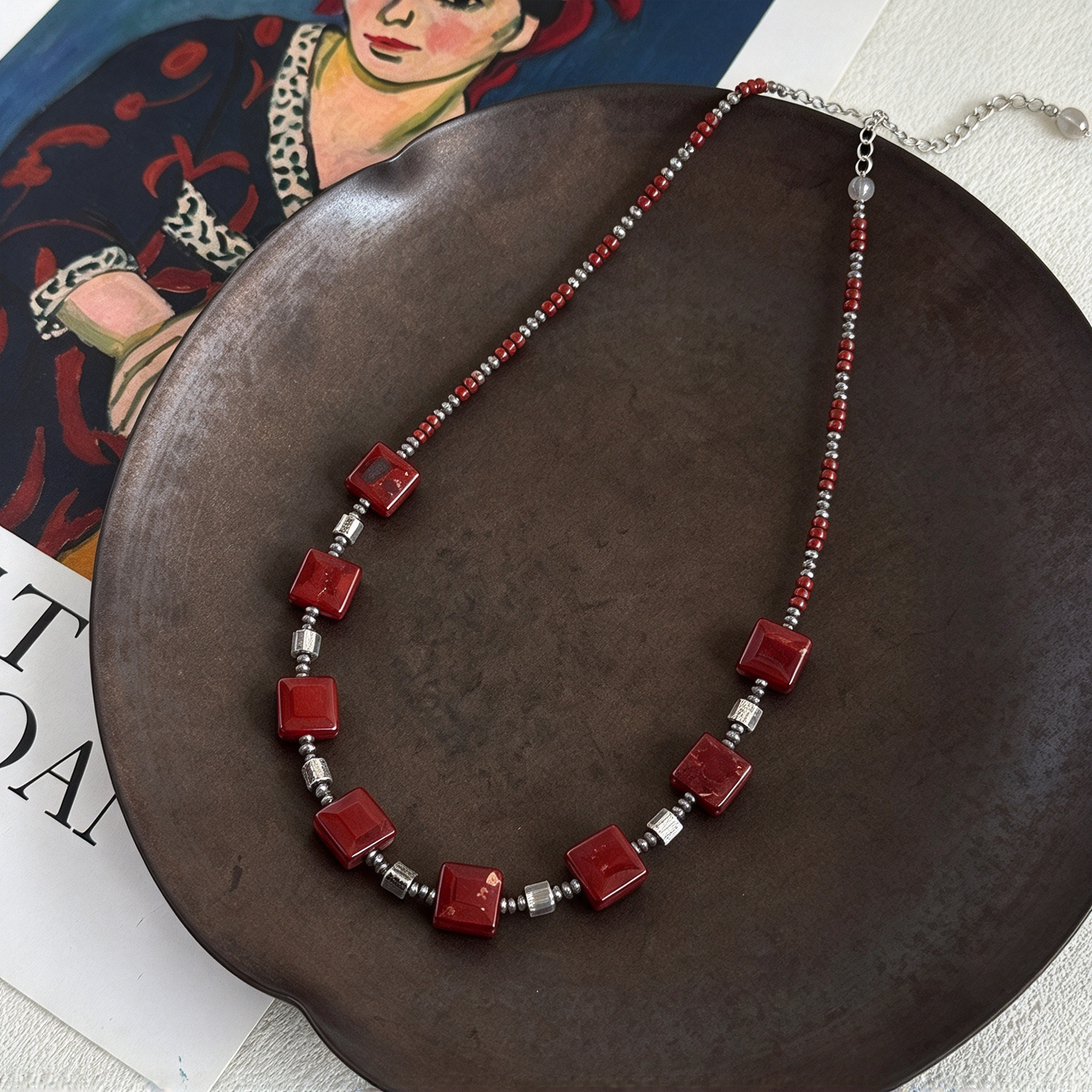 df6073659ff738160bc889c062f38ce6 Red Square Jasper & Vintage Silver Handcrafted Necklace - Image 1